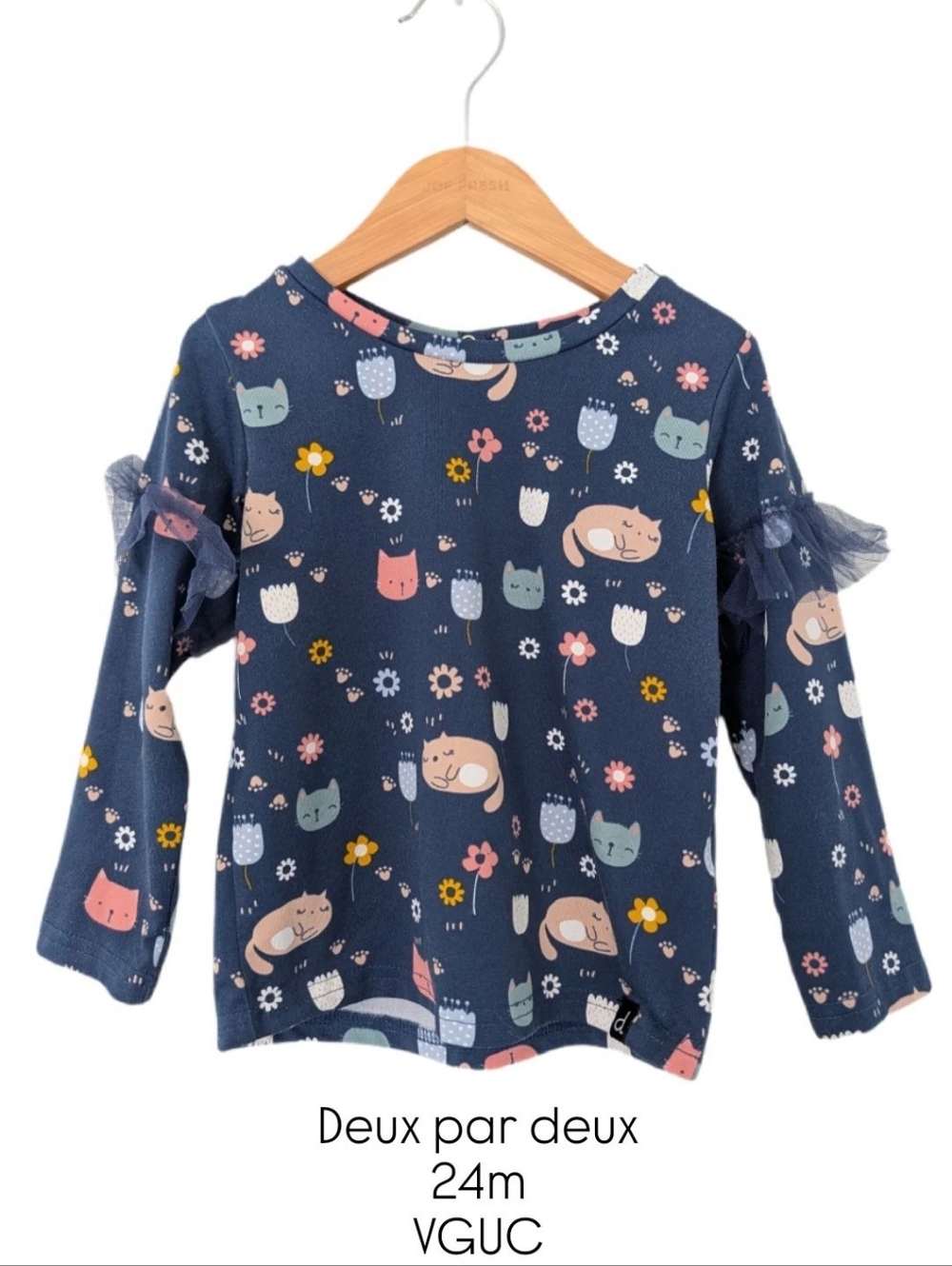 deux par deux Navy Floral & Cat Print Long Sleeve Top with Tulle Ruffles